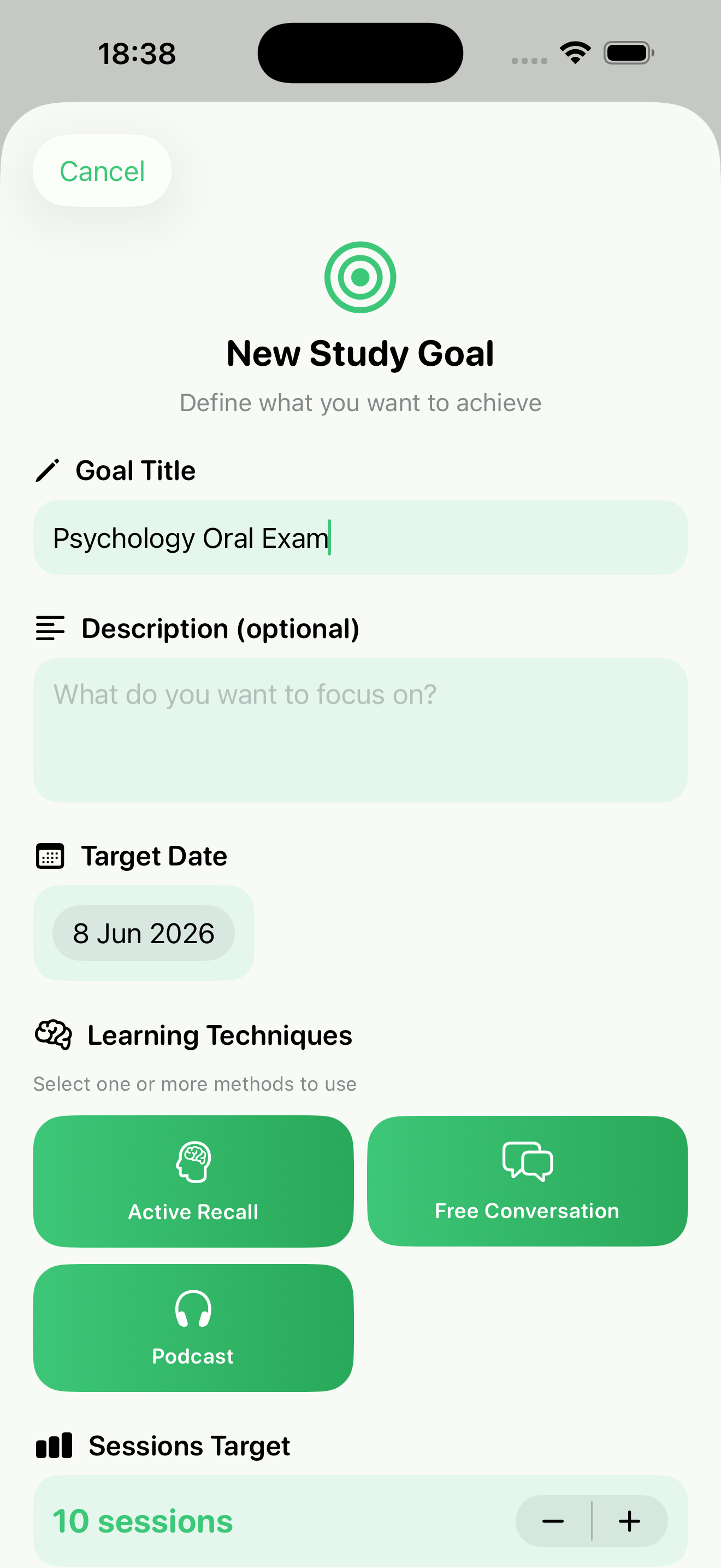 StudyStriide new study goal creation screen