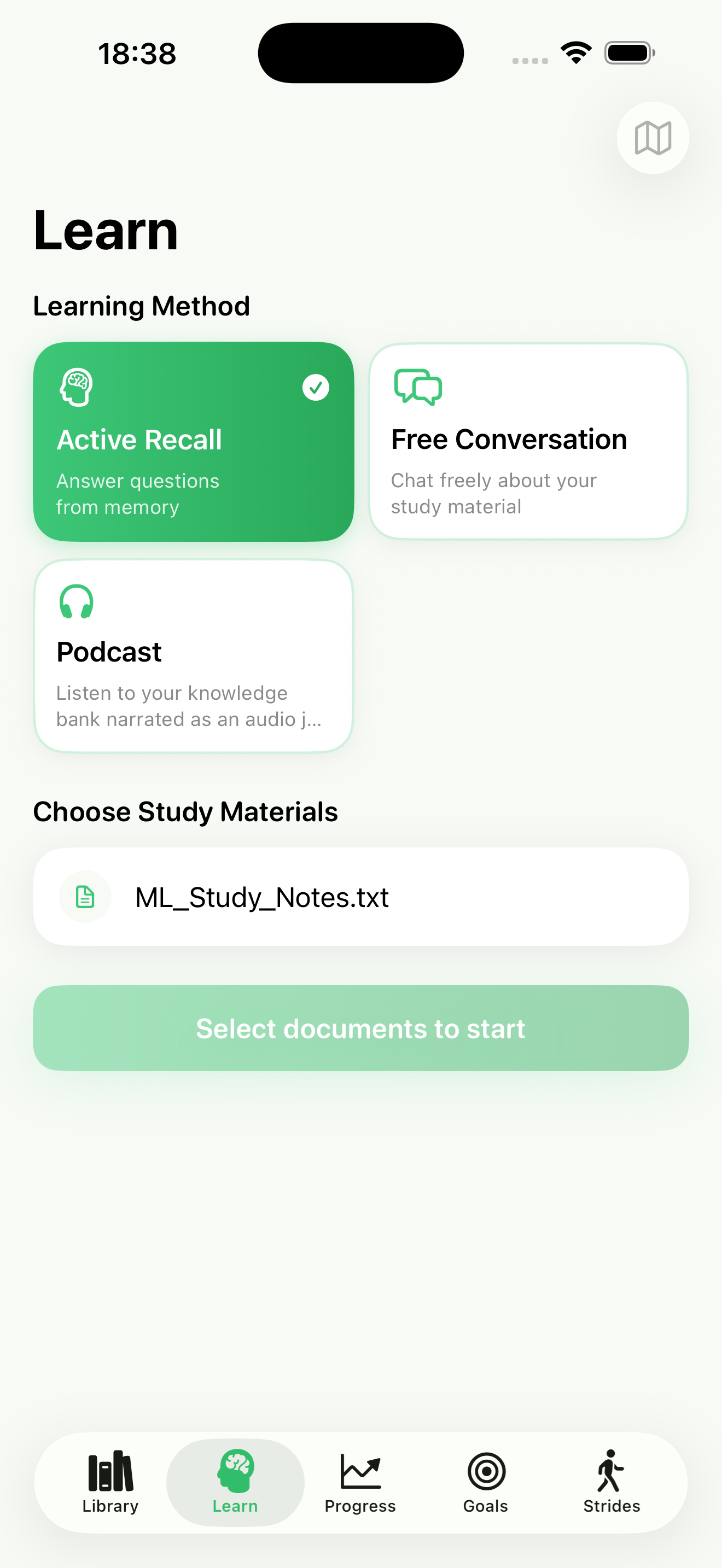 StudyStriide learning method selection — Active Recall, Free Conversation, Podcast